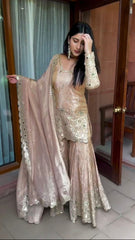 Gorgeous Embroidery Sequence Work Peach Color Sharara Suit Gorgeous Embroidery Sequence Work Peach Color Sharara Suit