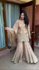 Gorgeous Embroidery Sequence Work Peach Color Sharara Suit Gorgeous Embroidery Sequence Work Peach Color Sharara Suit
