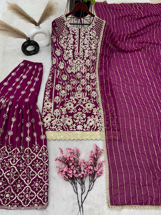 Attractive Embroidery Sequence Wine Color Sharara Suit