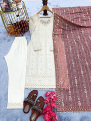 Glorious White Color Salwar Suit Pink Dupatta Glorious White Color Salwar Suit Pink Dupatta