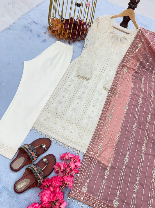 Glorious White Color Salwar Suit Pink Dupatta
