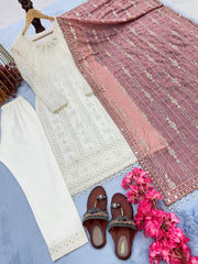 Glorious White Color Salwar Suit Pink Dupatta Glorious White Color Salwar Suit Pink Dupatta