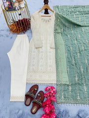 Glorious White Color Salwar Suit Green Dupatta Glorious White Color Salwar Suit Green Dupatta