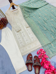 Glorious White Color Salwar Suit Green Dupatta Glorious White Color Salwar Suit Green Dupatta