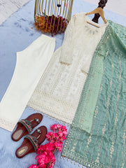 Glorious White Color Salwar Suit Green Dupatta Glorious White Color Salwar Suit Green Dupatta