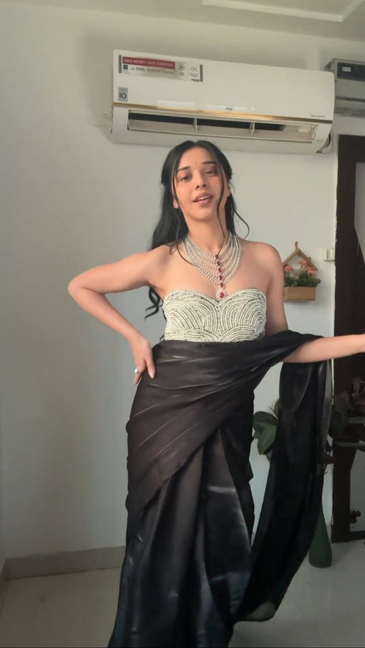 Black Color Ready To Wear Saree With Amazing Blouse