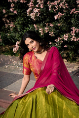 Embellished Zari Weaving Work Green Color Lehenga Choli Embellished Zari Weaving Work Green Color Lehenga Choli