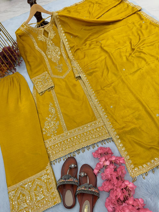 Imposing Chinon Silk Yellow Color Top With Plazzo
