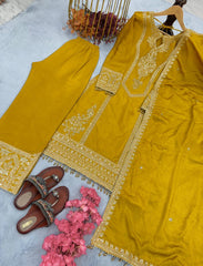 Imposing Chinon Silk Yellow Color Top With Plazzo Imposing Chinon Silk Yellow Color Top With Plazzo