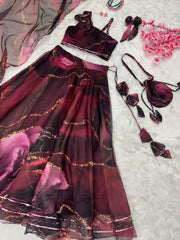 Organza Silk Wine Color Lehenga With Exclusive Blouse Organza Silk Wine Color Lehenga With Exclusive Blouse
