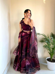 Organza Silk Wine Color Lehenga With Exclusive Blouse Organza Silk Wine Color Lehenga With Exclusive Blouse