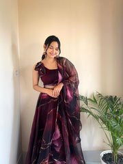 Organza Silk Wine Color Lehenga With Exclusive Blouse Organza Silk Wine Color Lehenga With Exclusive Blouse