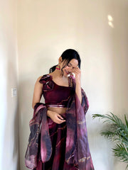 Organza Silk Wine Color Lehenga With Exclusive Blouse Organza Silk Wine Color Lehenga With Exclusive Blouse