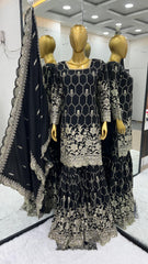 Gorgeous Embroidery Sequence Work Black Color Sharara Suit Gorgeous Embroidery Sequence Work Black Color Sharara Suit