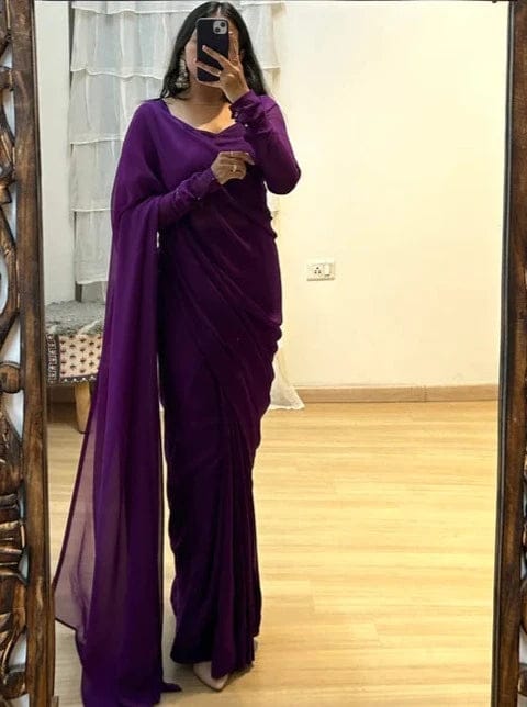 Beautiful Wine Color Ready To Wear Saree