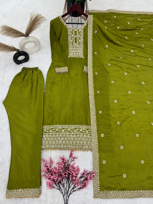 Exotic Embroidery Work Perrot Color Anarkali Suit