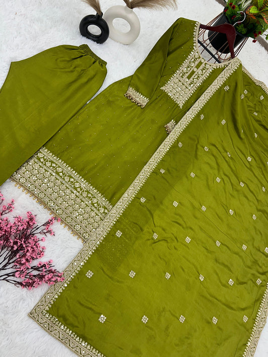 Exotic Embroidery Work Perrot Color Anarkali Suit