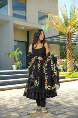 Gorgeous Plain Black Anarkali Gown With Organza Dupatta Gorgeous Plain Black Anarkali Gown With Organza Dupatta