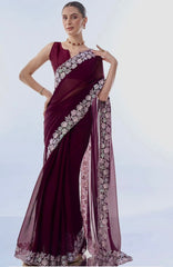 Luxuriant Thread Work Border Wine Color Saree Luxuriant Thread Work Border Wine Color Saree