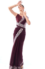 Luxuriant Thread Work Border Wine Color Saree Luxuriant Thread Work Border Wine Color Saree