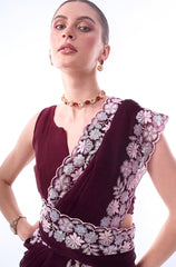 Luxuriant Thread Work Border Wine Color Saree Luxuriant Thread Work Border Wine Color Saree