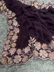 Luxuriant Thread Work Border Wine Color Saree Luxuriant Thread Work Border Wine Color Saree