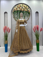 Admiring Beige Color Work Butterfly Net Lehenga Choli Admiring Beige Color Work Butterfly Net Lehenga Choli