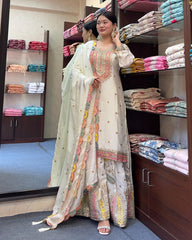 Marvelous Embroidery Sequence Work White Color Sharara Suit Marvelous Embroidery Sequence Work White Color Sharara Suit