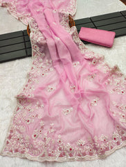 Mesmerizing Embroidery Multi Treads Pink Color Saree Mesmerizing Embroidery Multi Treads Pink Color Saree