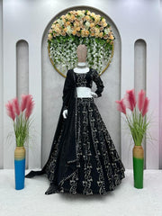 Embellished Thread With Sequence Work Black Color Lehenga Choli Embellished Thread With Sequence Work Black Color Lehenga Choli