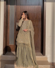 Classic Embroidery Work Grey Color Sharara Suit Classic Embroidery Work Grey Color Sharara Suit