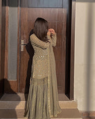 Classic Embroidery Work Grey Color Sharara Suit Classic Embroidery Work Grey Color Sharara Suit