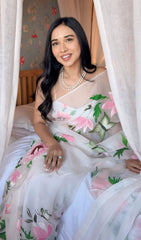 Embellished White Color Flower Digital Print Ready To Wear Saree Embellished White Color Flower Digital Print Ready To Wear Saree