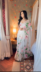 Embellished White Color Flower Digital Print Ready To Wear Saree Embellished White Color Flower Digital Print Ready To Wear Saree