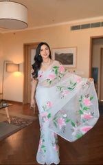Embellished White Color Flower Digital Print Ready To Wear Saree Embellished White Color Flower Digital Print Ready To Wear Saree