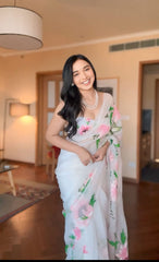 Embellished White Color Flower Digital Print Ready To Wear Saree Embellished White Color Flower Digital Print Ready To Wear Saree