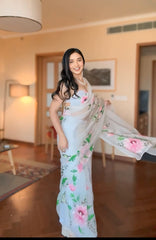 Embellished White Color Flower Digital Print Ready To Wear Saree Embellished White Color Flower Digital Print Ready To Wear Saree