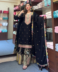 Captivating Embroidery Sequence Work Black Color Sharara Suit Captivating Embroidery Sequence Work Black Color Sharara Suit