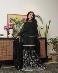 Captivating Thread With Sequence Work Black Color Sharara Suit Captivating Thread With Sequence Work Black Color Sharara Suit