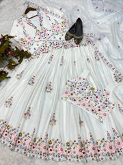 White Color Multi Work Lehenga Choli With Koti White Color Multi Work Lehenga Choli With Koti