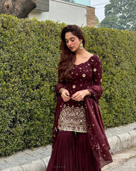Mesmerizing Embroidery Sequence Work Wine Color Sharara Suit Mesmerizing Embroidery Sequence Work Wine Color Sharara Suit