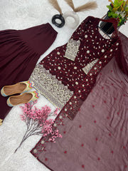 Mesmerizing Embroidery Sequence Work Wine Color Sharara Suit Mesmerizing Embroidery Sequence Work Wine Color Sharara Suit