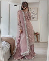 Classy Peach Color Sequence Embroidery Sharara Suit Classy Peach Color Sequence Embroidery Sharara Suit