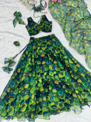Festive Wear Floral Printed Green Color Organza Silk Lehenga Choli Festive Wear Floral Printed Green Color Organza Silk Lehenga Choli