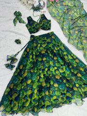 Festive Wear Floral Printed Green Color Organza Silk Lehenga Choli Festive Wear Floral Printed Green Color Organza Silk Lehenga Choli