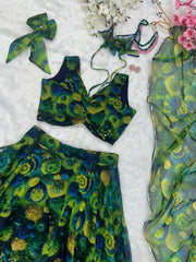 Festive Wear Floral Printed Green Color Organza Silk Lehenga Choli Festive Wear Floral Printed Green Color Organza Silk Lehenga Choli
