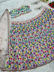 Party Wear Mirror Hand Work Net Multi Color Lehenga Choli Party Wear Mirror Hand Work Net Multi Color Lehenga Choli