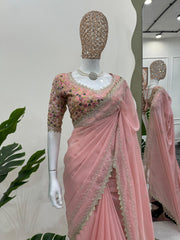 Party Wear Peach Color Thread & Sequence Work Saree Party Wear Peach Color Thread & Sequence Work Saree