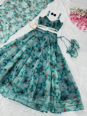 Peaceful Green Color Organza Digital Printed Lehenga Choli Peaceful Green Color Organza Digital Printed Lehenga Choli