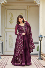 Lovely Wine Color Sequence Embroidery Work Gown With Dupatta Lovely Wine Color Sequence Embroidery Work Gown With Dupatta